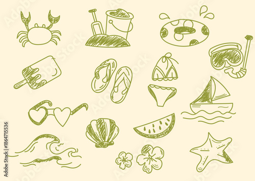 Playful tropical beach doodle icons including crabs, shells, waves, boats, sandals, fruit, flowers, and fun summer objects. Great for travel blogs, labels, kids prints, cards, stickers, and beach-them