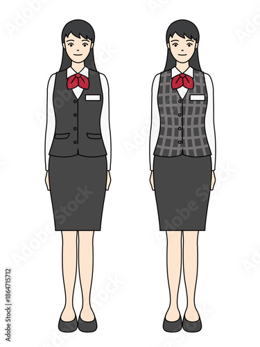 Full body illustration of two professional woman in vest and skirt uniform with bow tie