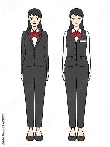 Full body illustration of two professional woman in black pantsuit and vest uniform