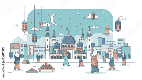 A beautiful flat design illustration of a Ramadan city scene. The artwork features a large mosque, hanging lanterns, crescent moon and stars, and people praying in the street.
