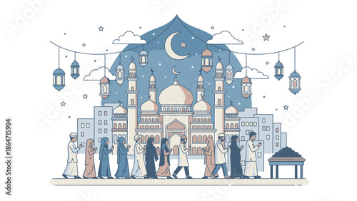Vector illustration of Muslim men and women walking together toward a mosque at night during Ramadan.