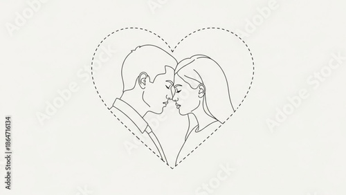 A minimalist line art illustration of a couple kissing inside a heart shape