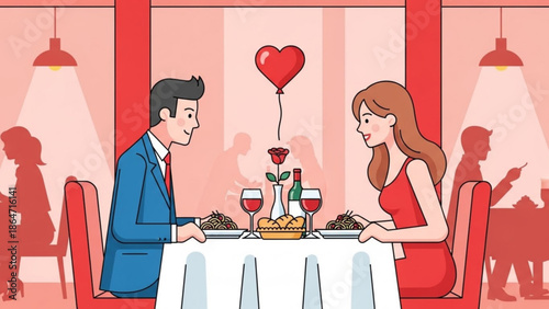 A romantic couple enjoying a candlelit dinner at a cozy restaurant with a heart balloon