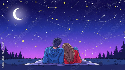 A romantic couple lies on a blanket gazing at the starry night sky with constellations