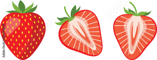 Fresh Strawberry Vector Illustration Set Featuring a Whole Ripe Berry and Two Cross-Section Halves for Fruit Packaging, Healthy Food Branding, and Summer Dessert Designs