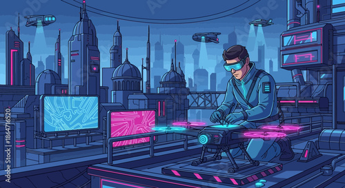 Futuristic man with drone and VR goggles in pixel art cityscape at night