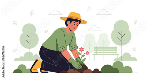 Gardener Planting Flower in Park, Spring Season, Flat Design Illustration