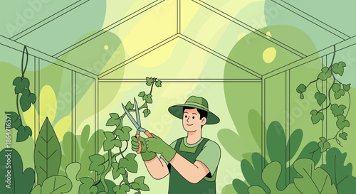 Gardener tending plants in a greenhouse, pruning vines with scissors, surrounded by lush greenery.