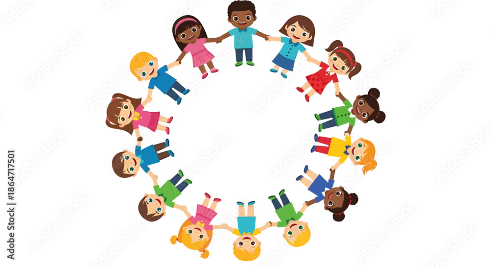 Obraz premium Joyful illustration of diverse children from around the world holding hands in a circle, symbolizing friendship, unity, and global inclusivity. Happy kids promoting community