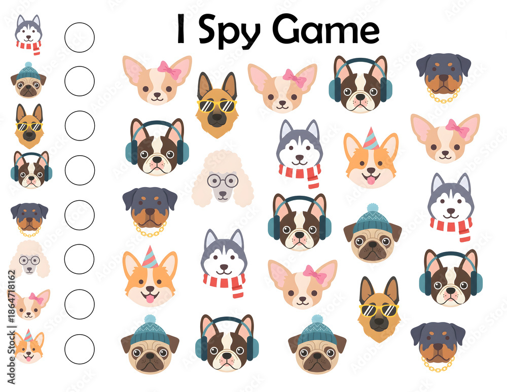 Obraz premium I Spy Dogs Worksheet for Kids – Fun Matching Game with Cute Cartoon Puppies