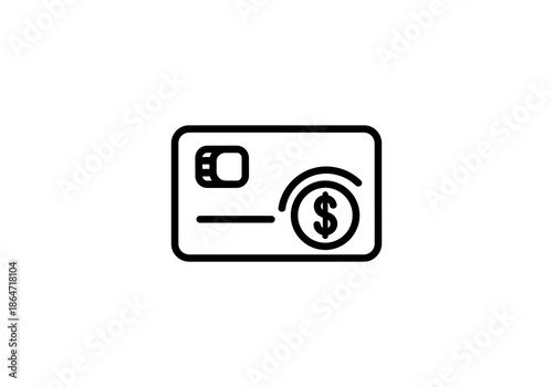 Vector Minimalist black outline credit card icon featuring chip and dollar sign symbol.