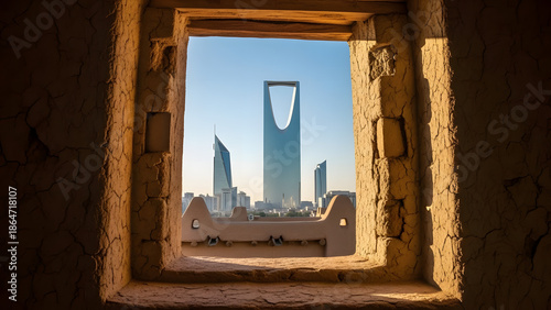 Modern Meets Ancient: A view from a mud-brick window in Diriyah looking out towards the Kingdom Centre tower, a blend of 1727 and 2024.