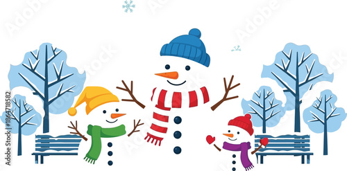 Adorable family of three colorful snowmen standing together in a snowy winter park landscape during a light snowfall illustration