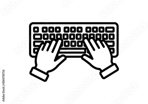 Vector computer keyboard with hand Minimalist black outline icon of two hands actively typing on a rectangular computer keyboard, top-down view.