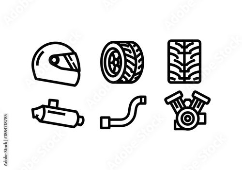 Vector Minimalist Black Line Art Icons of Motorcycle Racing Gear and Engine Components Collection.