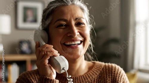 Cheerful older woman smiling while talking on a landline telephone at home