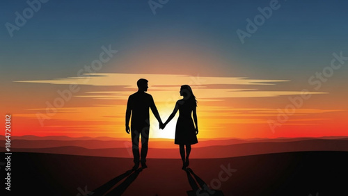 A romantic couple holds hands in silhouette against a vibrant sunset backdrop