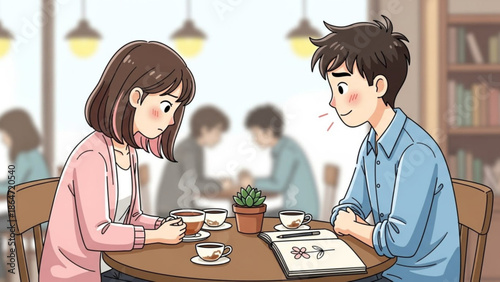 A cartoon illustration of a young couple on a date at a cozy cafe with a plant