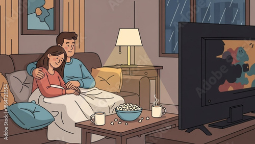 A cozy couple watches a movie together on a rainy evening at home