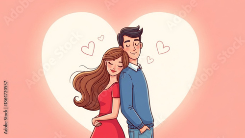 A cartoon illustration of a loving couple embracing in front of a large heart