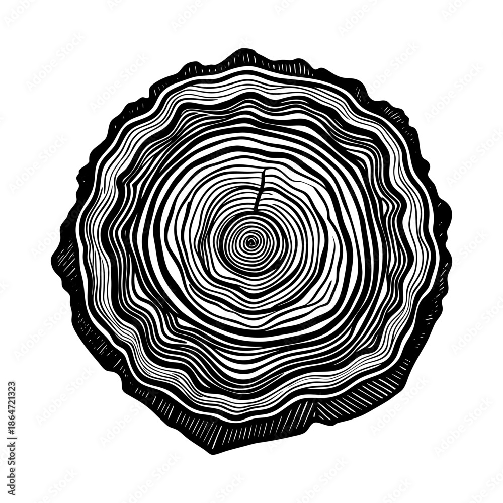Fototapeta premium Tree Trunk Cross Section with Cracks Black and White Illustration.
