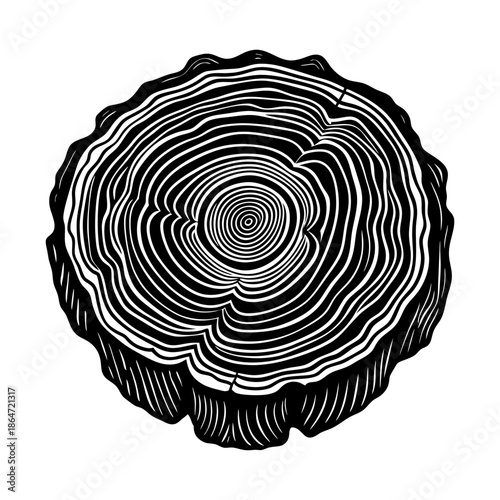Tree Trunk Cross Section with Cracks Black and White Illustration.