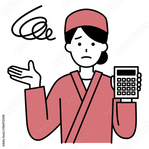 電卓を持って不満そうにする和食屋の女性店員