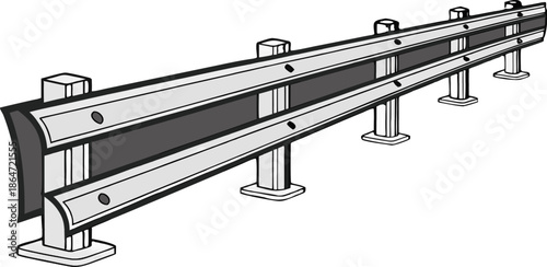 Isometric traffic barrier design with matte black central module and metallic silver reinforced side panels, realistic texture, white background.