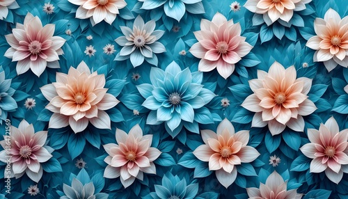 Floral pattern processed in a vivid turquoise-blue tint, giving a unified and modern look. The image features layered flowers and leaves with gentle transitions of brightness, subtle .