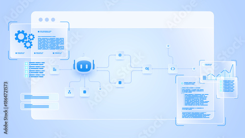 AI workflow automation artificial intelligence. ai agent workflow diagram dashboard machine learning showing node input, processing step, ai model and process flow.