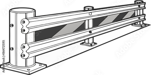 Isometric plastic road barrier featuring a matte black central module with metallic silver reinforced side sections, detailed texture, isolated on white background.