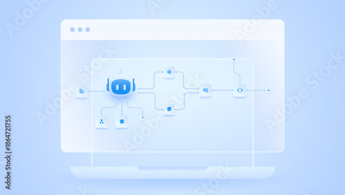 AI workflow automation artificial intelligence. ai agent network diagram dashboard connecting node input, processing step, ai model and process flow.