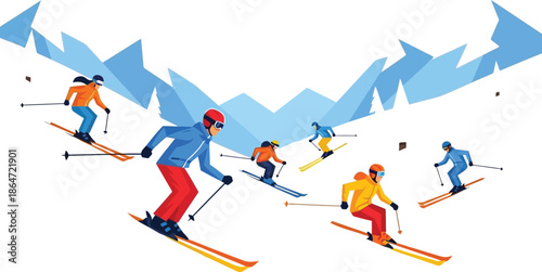 Group of diverse skiers gracefully descending a snowy mountain slope in a bright winter alpine landscape illustration