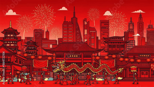 Vibrant Chinese New Year Celebration in a Bustling Pageantry with Towering Skyscrapers and Traditional Architecture
