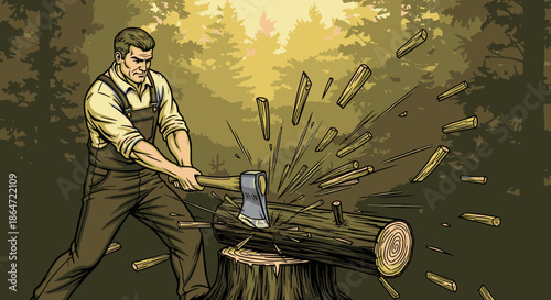 A strong lumberjack in traditional work attire vigorously chops a large log with an axe, sending wood chips flying in a dense, sunlit forest.