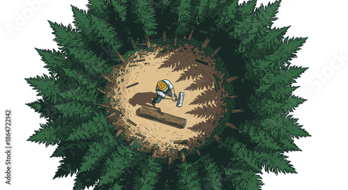 From an overhead view, a lone logger meticulously works within a circular clearing, surrounded by a dense evergreen forest, illustrating the timber industry.