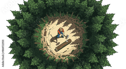 An illustrative aerial perspective showcases a lumberjack diligently felling trees within a circular forest clearing, symbolizing environmental impact and resource management.