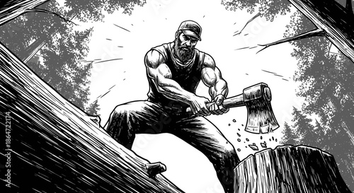 A powerful, bearded lumberjack vigorously chops a tree stump with an axe in a dynamic black and white forest illustration.