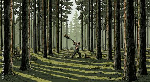 A lone woodsman powerfully swings his heavy axe amidst a sun-dappled, ancient forest, demonstrating traditional labor and the raw beauty of nature's embrace.