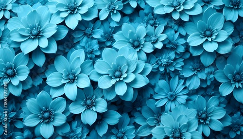Floral pattern processed in a vivid turquoise-blue tint, giving a unified and modern look. The image features layered flowers and leaves with gentle transitions of brightness, subtle .