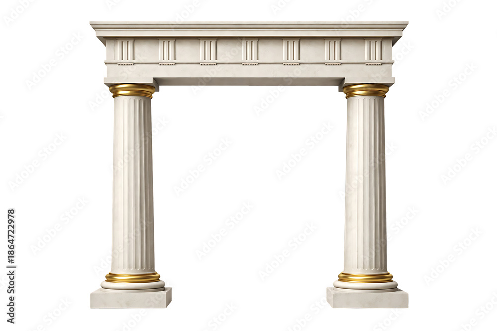 Fototapeta premium Classical square architectural frame with white marble columns and gold accents for elegant doorway design isolated on transparent background