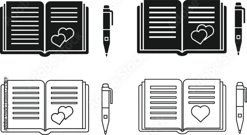 Wedding guest book with pen and heart icons, bridal registry notebook, romantic anniversary journal, marriage celebration vector illustration, isolated on white background,