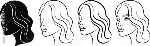 Woman face side profile silhouette set, female head with long wavy hair, beauty salon hair care vector illustration, isolated on white background,