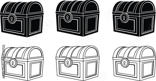 Wooden treasure chest icon set, antique pirate trunk with keyhole, black silhouette and line art style, mystery game asset vector illustration, isolated background,