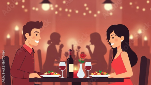 A cartoon illustration of a romantic dinner for two in a cozy restaurant with a warm ambiance