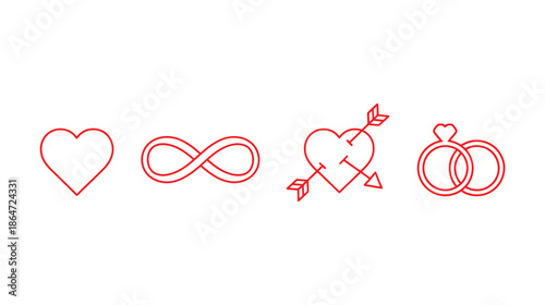 Symbols of enduring love and commitment: heart, infinity, cupid's arrow, and wedding rings