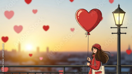 A cartoon woman holding a heart-shaped balloon on a city bridge at sunset