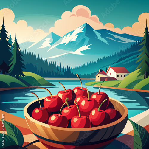 Ceri segar di mangkuk kayu saat piknik musim panas di luar ruangan
