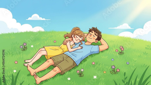 A cartoon illustration of a happy couple lying in a green field with flowers