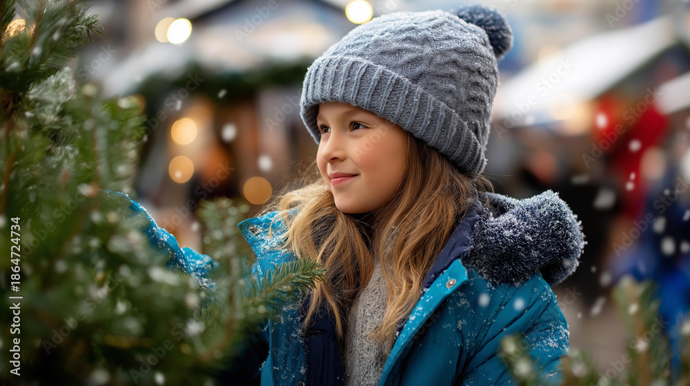Fototapeta premium Side profile of girl child standing next to Christmas tree in city faceless, snowing, christmas market, winter season, happy holidays defocused, with copy space